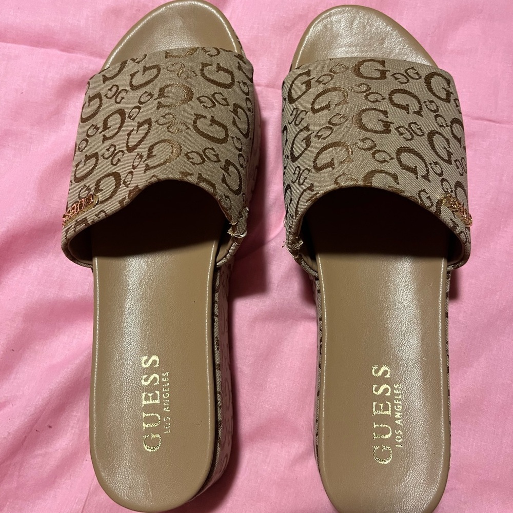 Guess Women's Tan Logo Slide Sandals